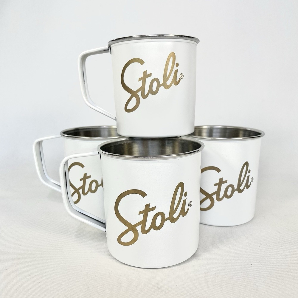 Stoli Stolichnaya Vodka White‎ Metal Mug Set of 4 Gold Logo Barware Cups